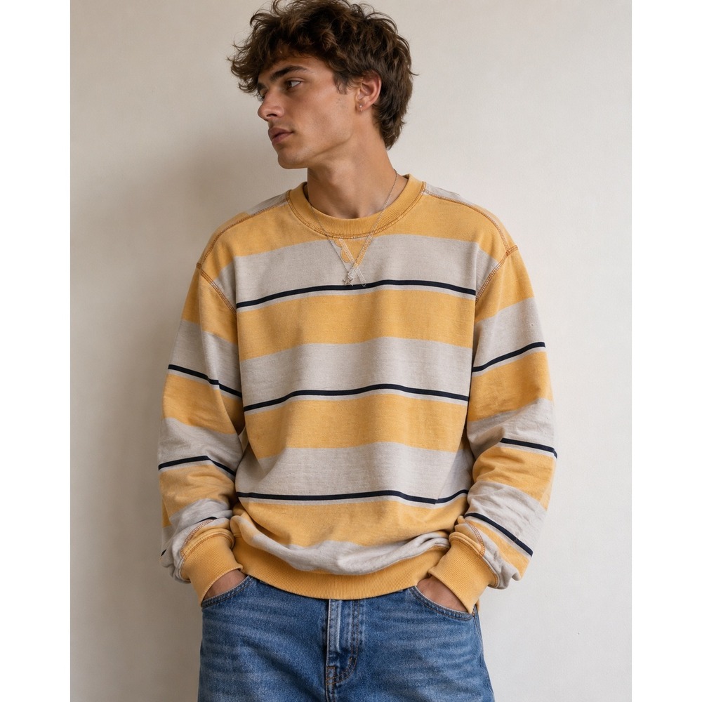 Urban Outfitters Mens Striped Crewneck Sweatshirt Yellow Grey Small
